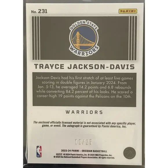 2023-24 Obsidian Trayce Jackson-Davis Rookie Blue /27 Patch Auto RPA Warriors